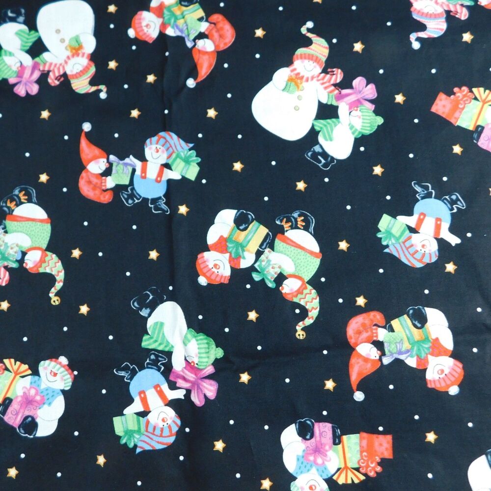 Christmas Fabric Kimberly Montgomery Cotton Quilting Snowman on Black 3 Yds NEW